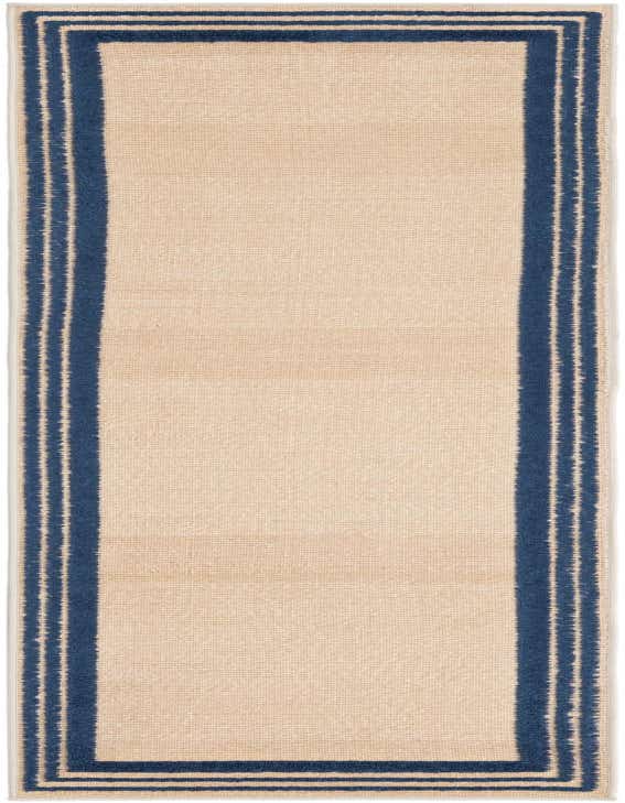 A beige runner rug with a thick navy blue border and two thinner inner navy stripes, suitable for a hallway or patio.