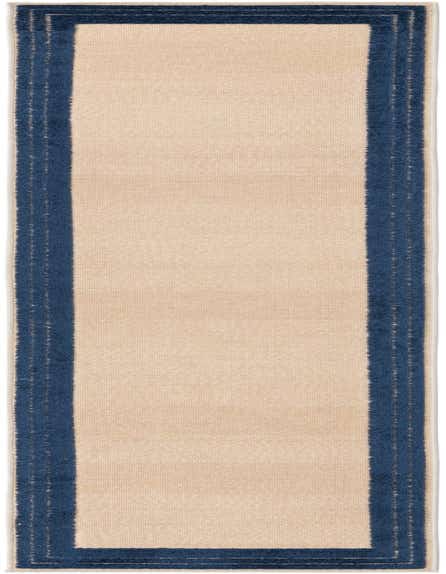 A 10 ft runner rug with a textured tan center and a thick navy blue border, ideal for hallways or patios.