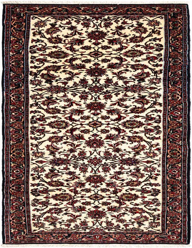 An 8 ft runner rug with a cream background, featuring an intricate Persian floral pattern in shades of brown, red, and black, ideal for a hallway.