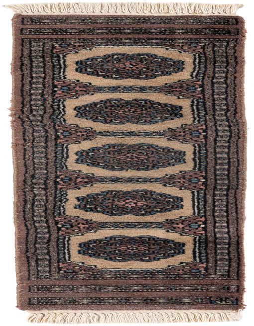 A 4 ft runner rug with a tribal Oriental pattern in shades of brown, tan, and ivory, featuring intricate medallions and fringed ends.