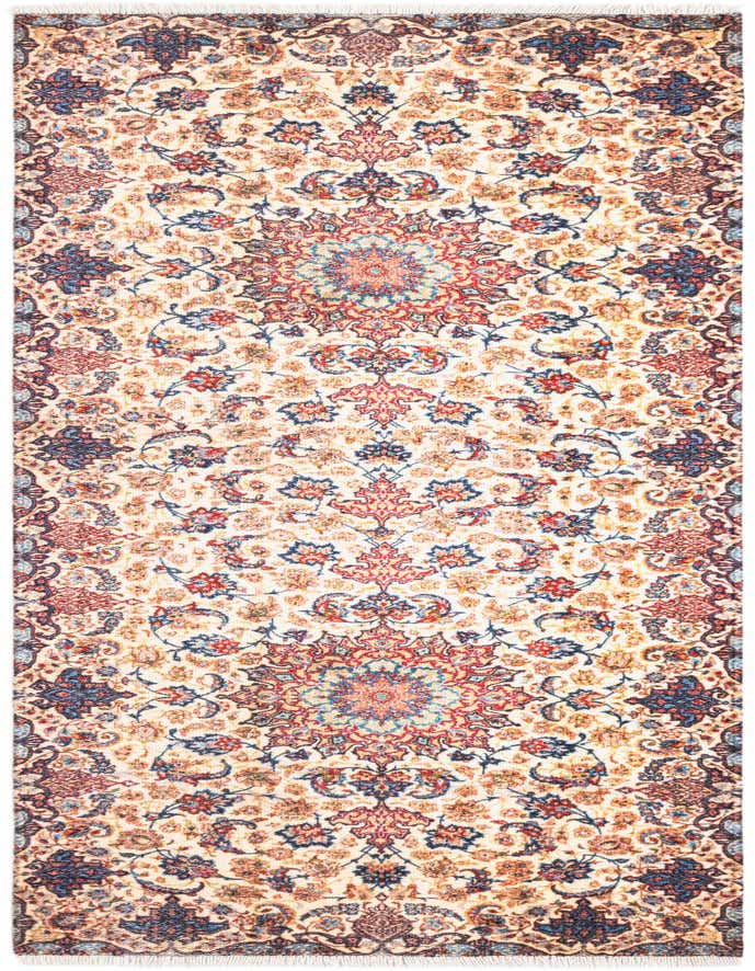 A 6 ft runner rug featuring an intricate traditional floral pattern in browns, tans, ivories, and creams, with blue and red accents, suitable for a hallway.