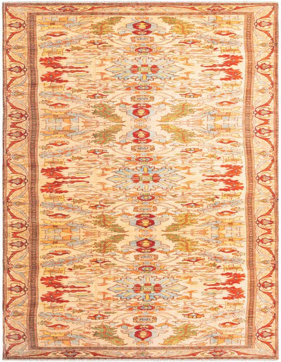 A 12 ft runner rug with a traditional medallion pattern in cream, brown, red, and blue, perfect for a hallway.