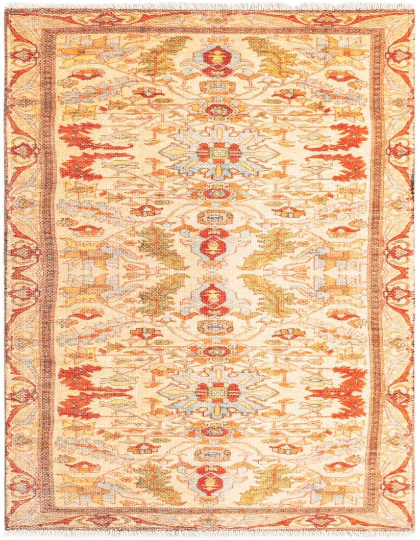 A 5 ft runner rug with an ivory and tan background, featuring a traditional Oriental medallion pattern in red, orange, blue, and green.