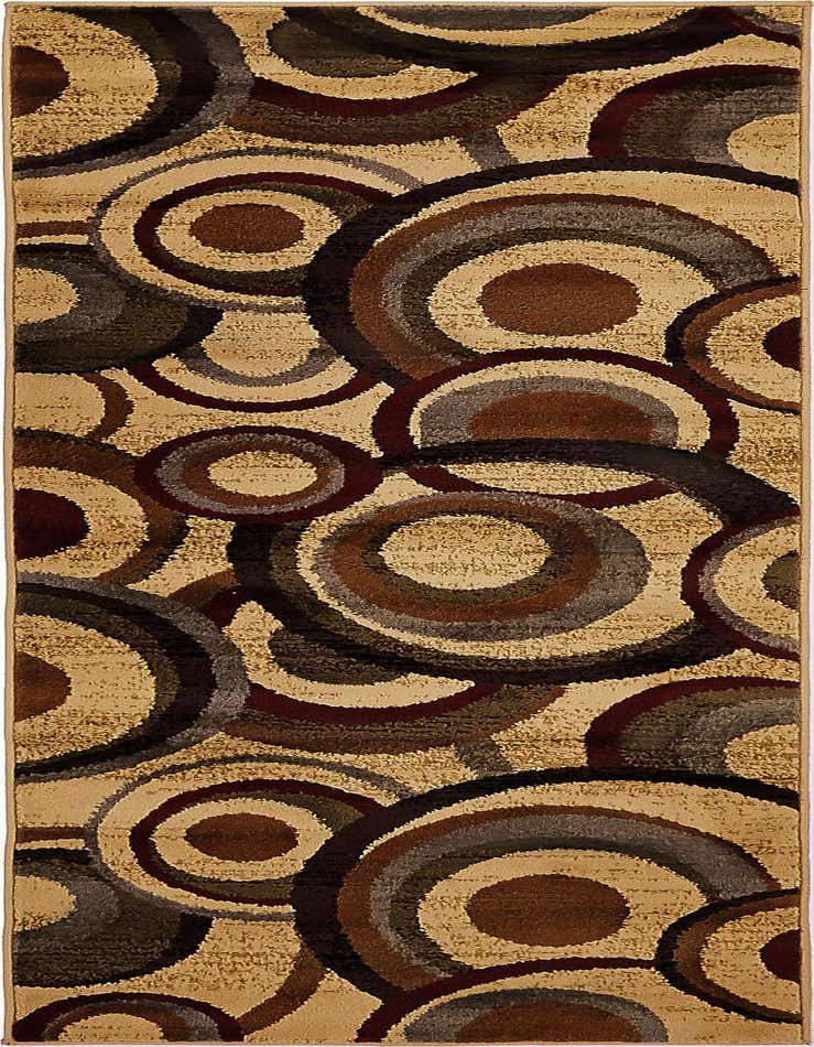 A 6 ft runner rug featuring an eclectic, abstract pattern of concentric circles in shades of brown, tan, and ivory.