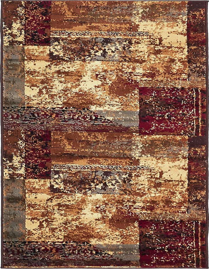 A 6 ft runner rug with an abstract, eclectic pattern in shades of brown, tan, cream, and deep red, suitable for a hallway.
