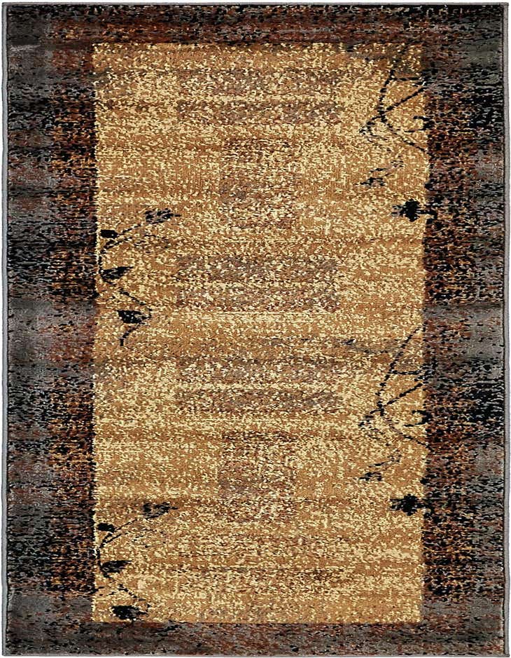 A 6 ft runner rug with a tan and ivory center, framed by a distressed brown and black border with subtle black botanical accents.