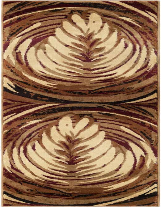 A long runner rug with a modern medallion pattern in shades of brown, tan, ivory, and burgundy, ideal for a hallway or kitchen.