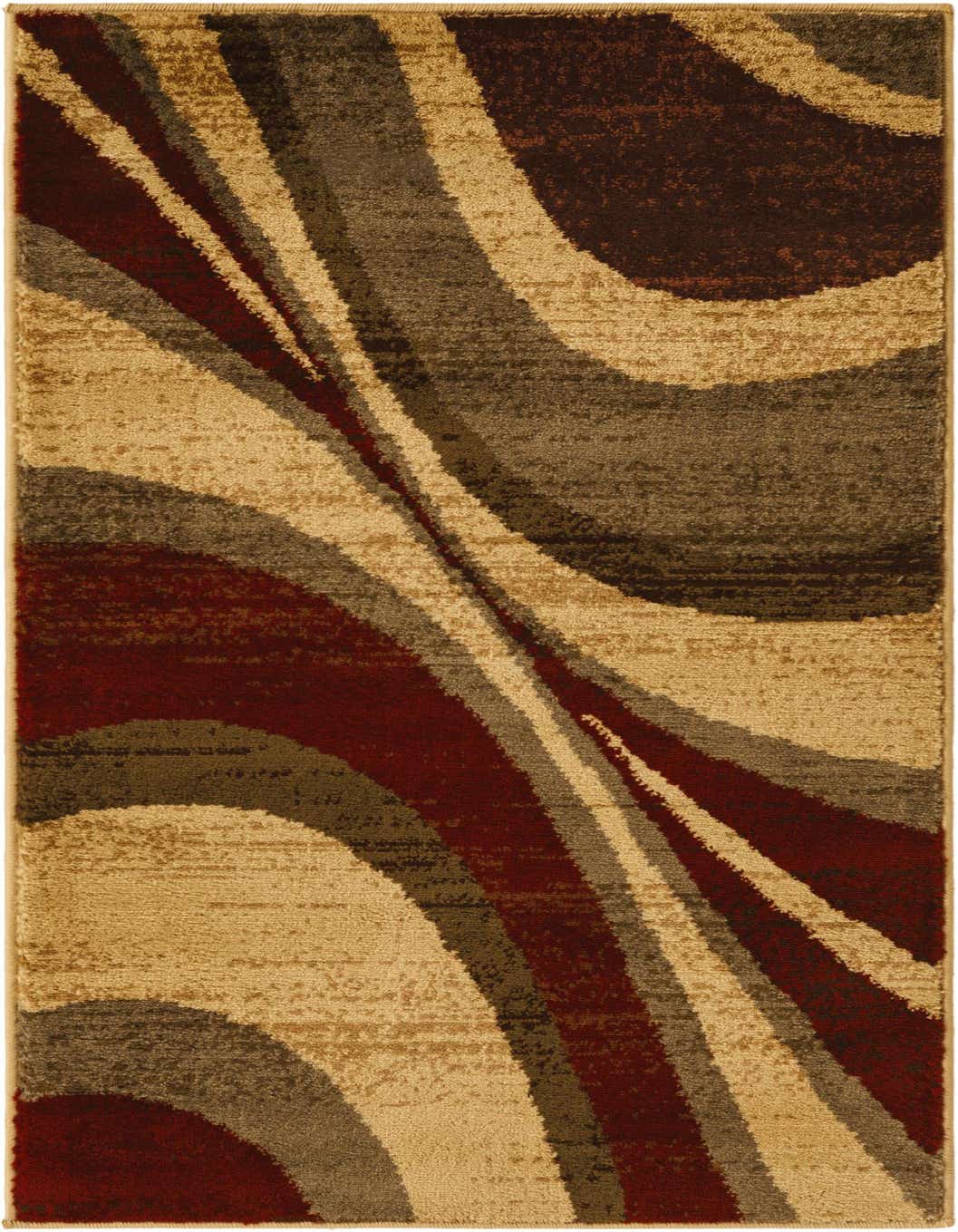 A 4 ft runner rug featuring a modern abstract pattern with swirling bands of brown, tan, ivory, and deep red.