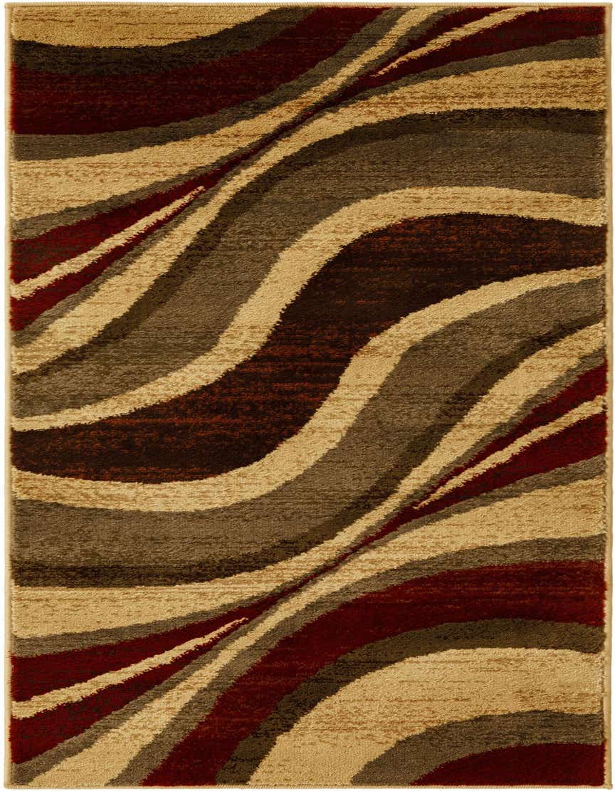 A 5 ft runner rug featuring a modern abstract pattern with wavy stripes in shades of brown, tan, ivory, and deep red.