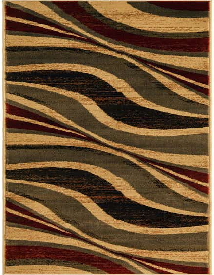A 10 ft runner rug from the Rugs.com Cafe Collection, featuring a modern abstract pattern with wavy stripes in shades of brown, tan, ivory, cream, and deep red, ideal for a hallway.