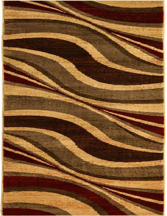 A 16 ft runner rug featuring a modern abstract wavy pattern in shades of brown, tan, ivory, and deep red, ideal for a hallway.