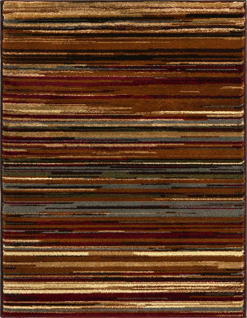A 5 ft runner rug from the Cafe Collection, featuring modern horizontal stripes in varying shades of brown, tan, cream, and subtle accents of red and blue.