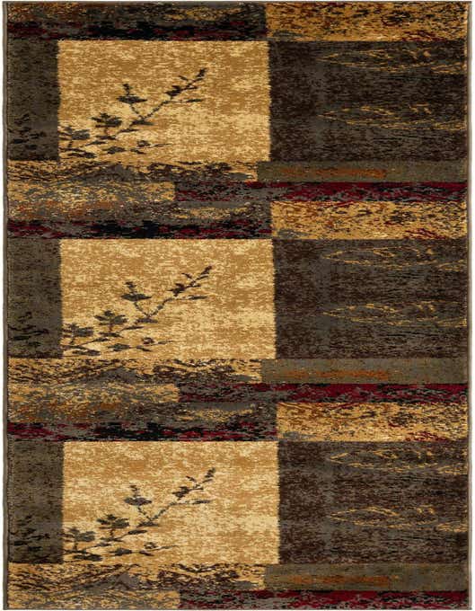 A 10 ft runner rug with a transitional floral pattern in shades of brown, tan, and cream, featuring abstract blocks and botanical motifs, ideal for a hallway.