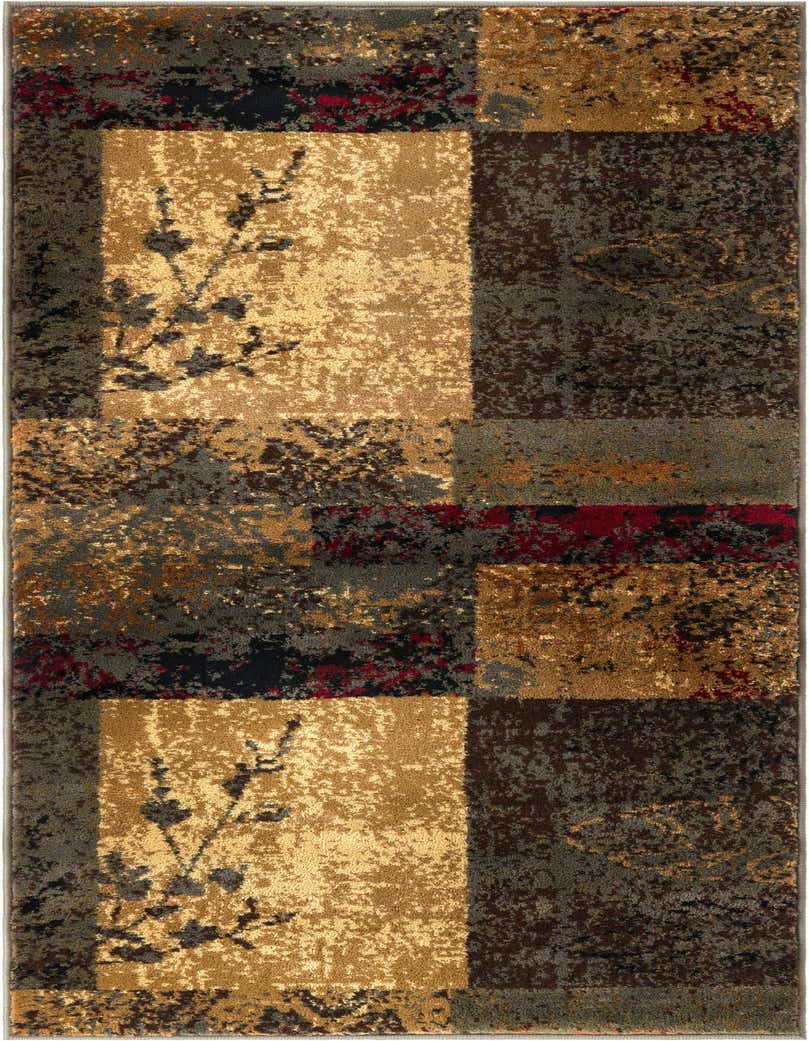 A 5 ft runner rug with a transitional patchwork design in shades of brown, tan, and cream, featuring subtle floral accents.