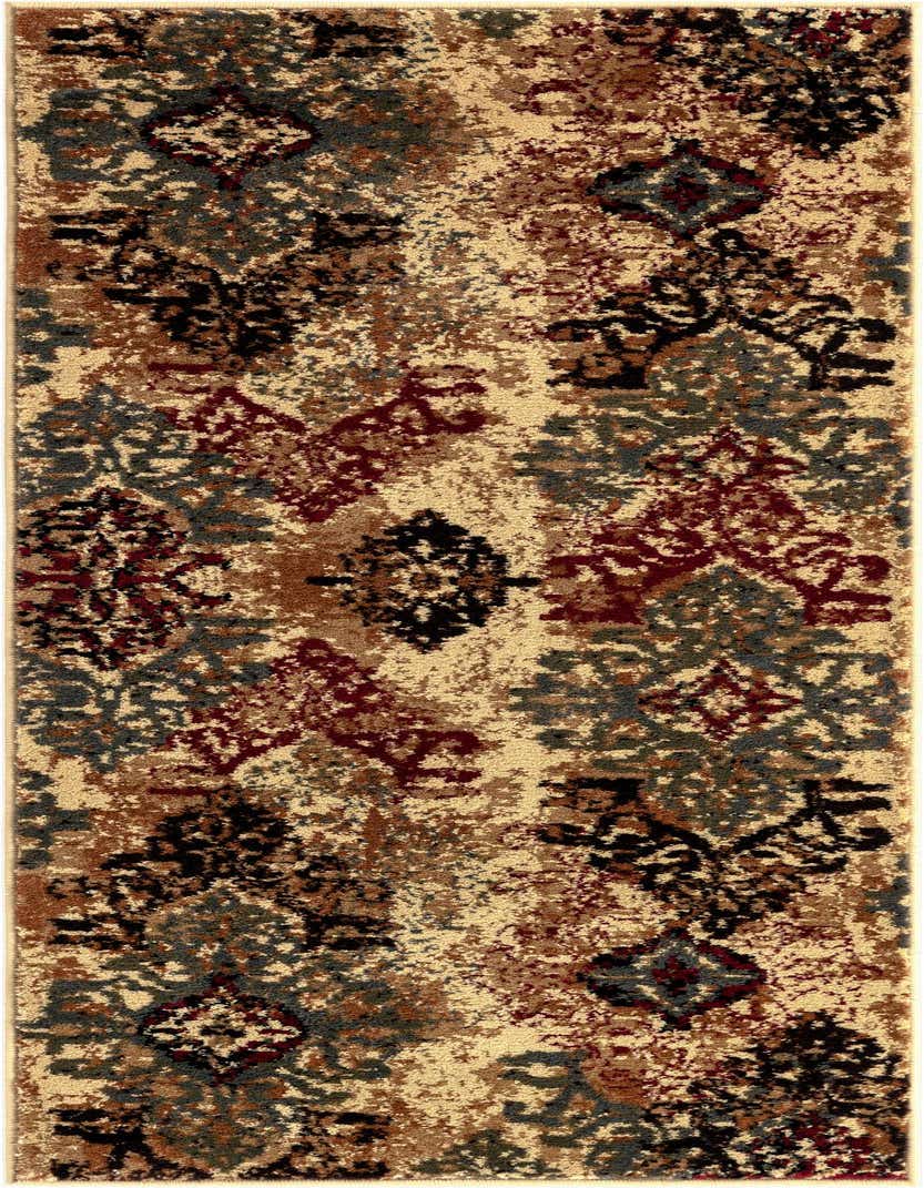 A 5 ft runner rug with an abstract transitional pattern in shades of brown, tan, cream, black, and deep red, ideal for a hallway.