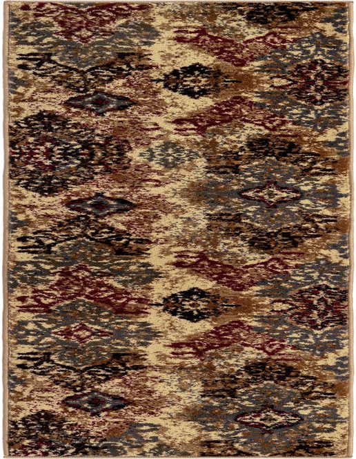 A long 8 ft runner rug with an abstract transitional pattern in shades of brown, tan, ivory, and cream.