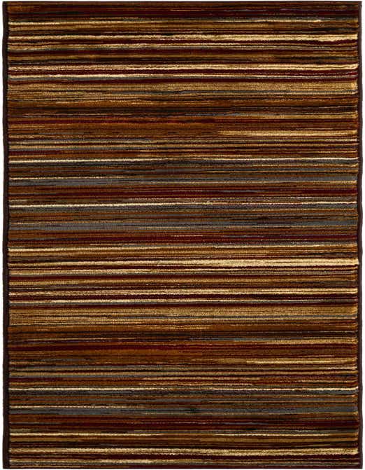 A long 8 ft runner rug featuring horizontal stripes in varying shades of brown, tan, cream, and dark red.