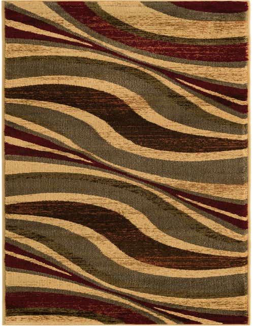A long runner rug with an abstract wavy pattern in shades of brown, tan, cream, and deep red, suitable for a hallway or kitchen.