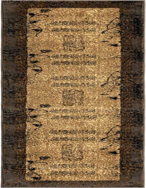 An 8 ft runner rug in shades of brown, tan, and cream, featuring an abstract, distressed pattern with a dark border, ideal for a hallway or kitchen.