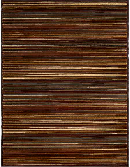 A 12 ft runner rug with horizontal stripes in varying shades of brown, tan, ivory, and hints of grey and burgundy.