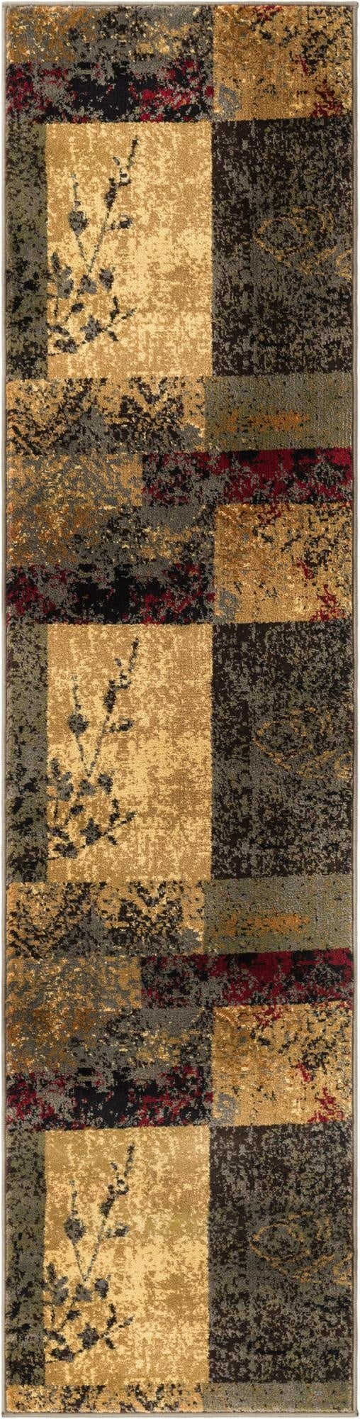 A long runner rug featuring a transitional patchwork design with blocks of brown, tan, cream, gray, and hints of red, some with abstract floral patterns, ideal for a hallway or kitchen.