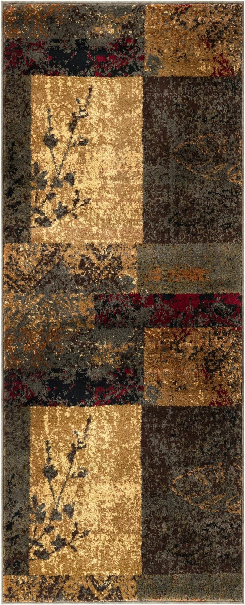 A 5 ft runner rug with a transitional patchwork design in shades of brown, tan, and cream, featuring subtle floral accents.