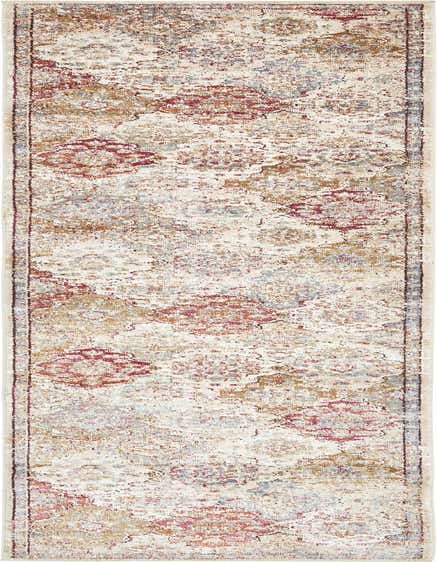 A 12 ft runner rug from the Charlotte collection, featuring a distressed Bohemian trellis pattern in ivories, creams, browns, and reds.