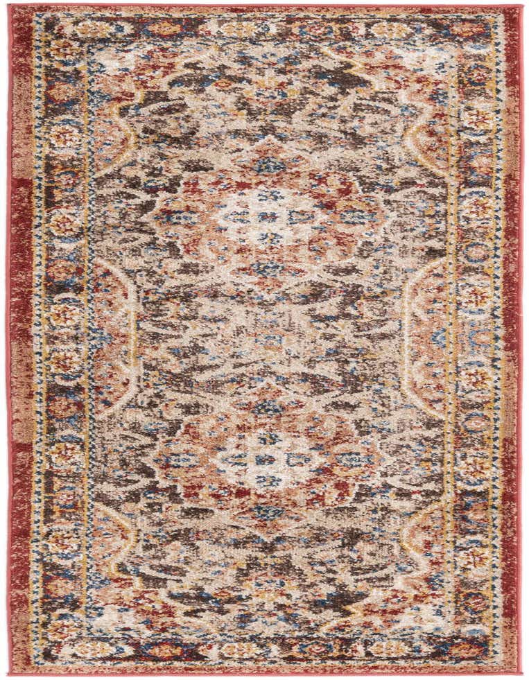 A 6 ft runner rug with a distressed traditional pattern in browns, tans, ivories, and creams, featuring a red border.
