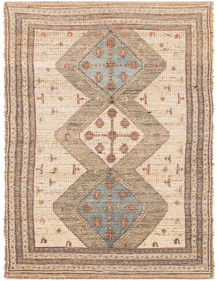 A handmade Chenille Jute 6 Ft runner rug featuring traditional Oriental medallions in blue and brown on an ivory and tan background.
