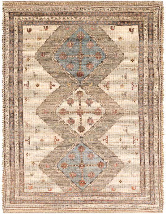 A handmade 8 ft runner rug featuring a modern geometric pattern in browns, tans, and ivories with subtle blue accents.