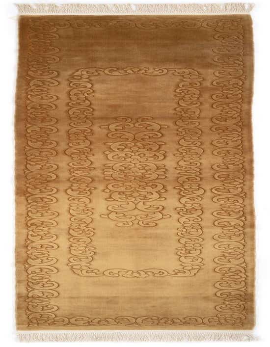 An 11 ft runner rug in shades of brown and tan, featuring an embossed Persian pattern and cream fringe, ideal for a hallway.