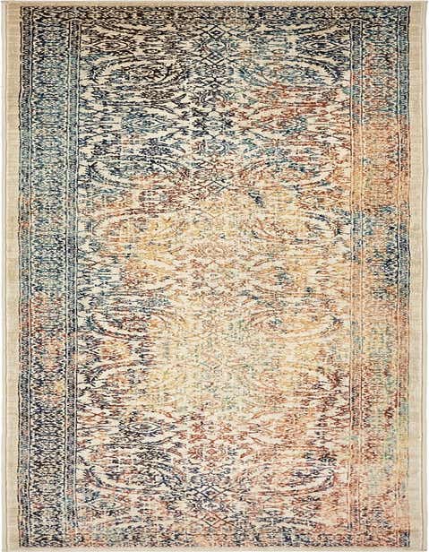 A 13 ft runner rug with a distressed traditional pattern in shades of brown, tan, ivory, and blue, ideal for a hallway.