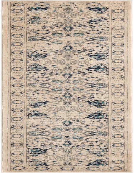 A long 12 ft runner rug with a distressed traditional medallion pattern in shades of cream, brown, and teal, ideal for a hallway.