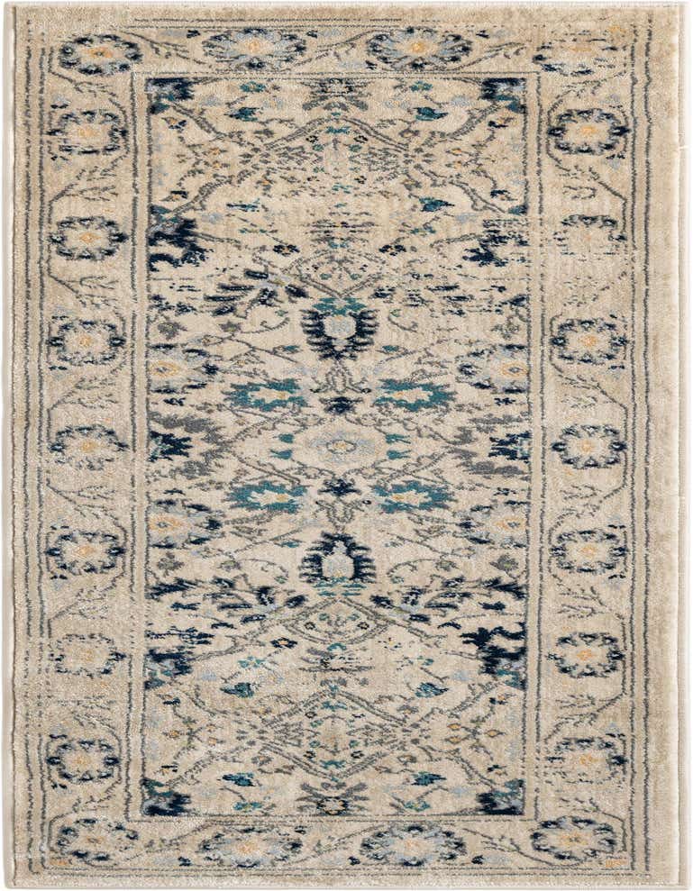 A 5 ft runner rug featuring a traditional medallion pattern in shades of cream, brown, and blue, ideal for a hallway.