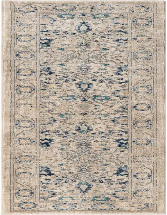A long 8 ft runner rug from the Dahlia collection, featuring a traditional medallion pattern in brown, tan, ivory, and blue tones.