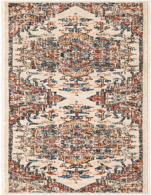 An 8 ft runner rug with a distressed traditional medallion pattern in cream, brown, and teal, perfect for a hallway.