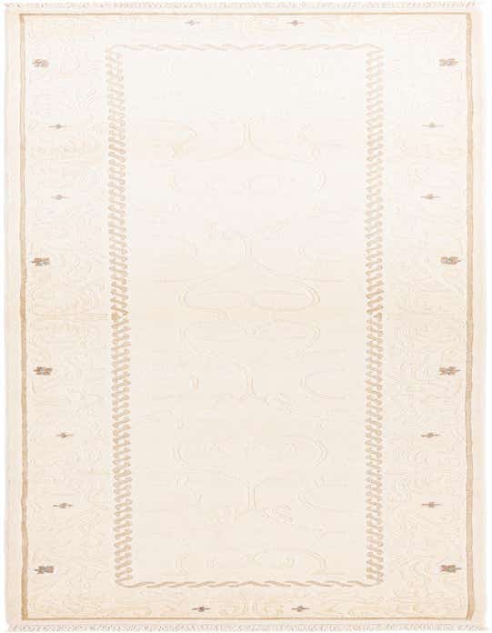 A 10 ft Darya runner rug in cream and tan wool, featuring a modern oriental pattern with a braided border, ideal for a hallway.