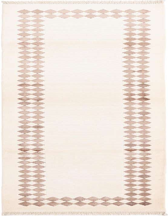 A 10 ft Darya runner rug in ivory and brown with a modern geometric diamond border pattern, handmade from wool.