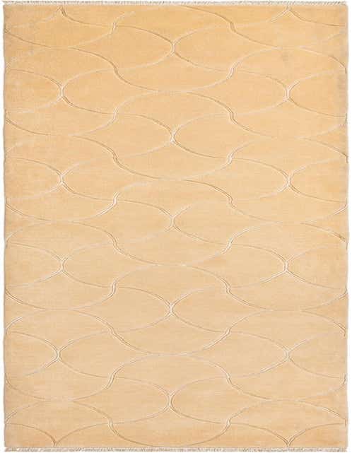 A 14 ft Darya runner rug by Rugs.com, featuring a modern oriental pattern of intersecting arcs in brown and tan tones, with a high pile and fringe.