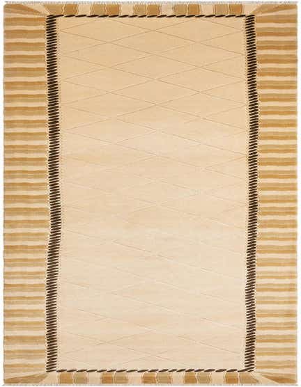 A 16 ft Darya runner rug in shades of brown, tan, and cream, featuring a modern oriental design with a diamond pattern center and striped border.