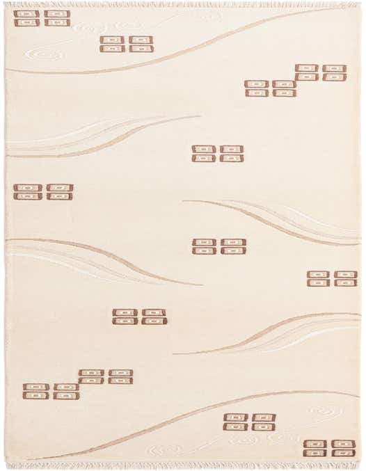 A 10 ft Darya runner rug in ivory and brown with a modern oriental pattern featuring abstract waves and square clusters, handmade from wool.