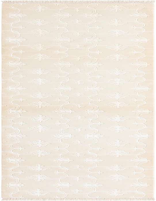 A 10 ft runner rug in shades of brown and ivory with a raised modern oriental pattern and fringe.