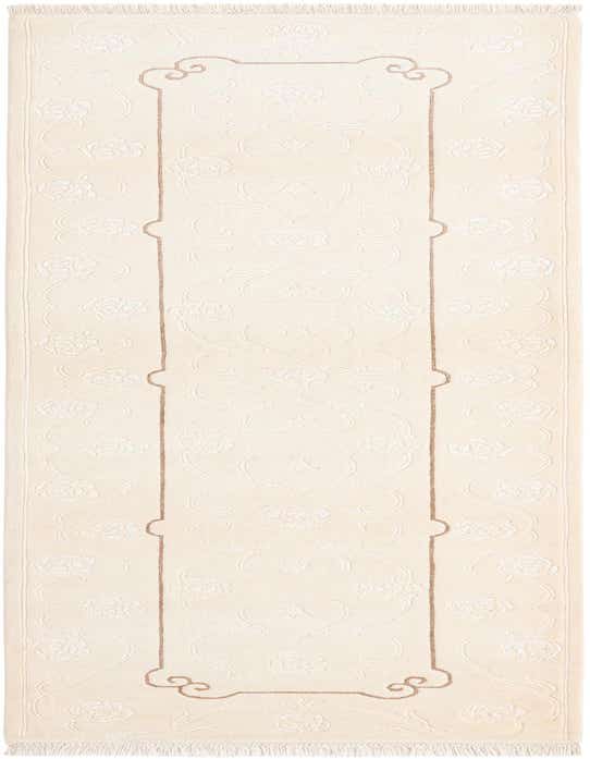 A 10 ft Darya runner rug in shades of ivory and tan, featuring a modern oriental floral pattern with a brown border, suitable for a hallway.