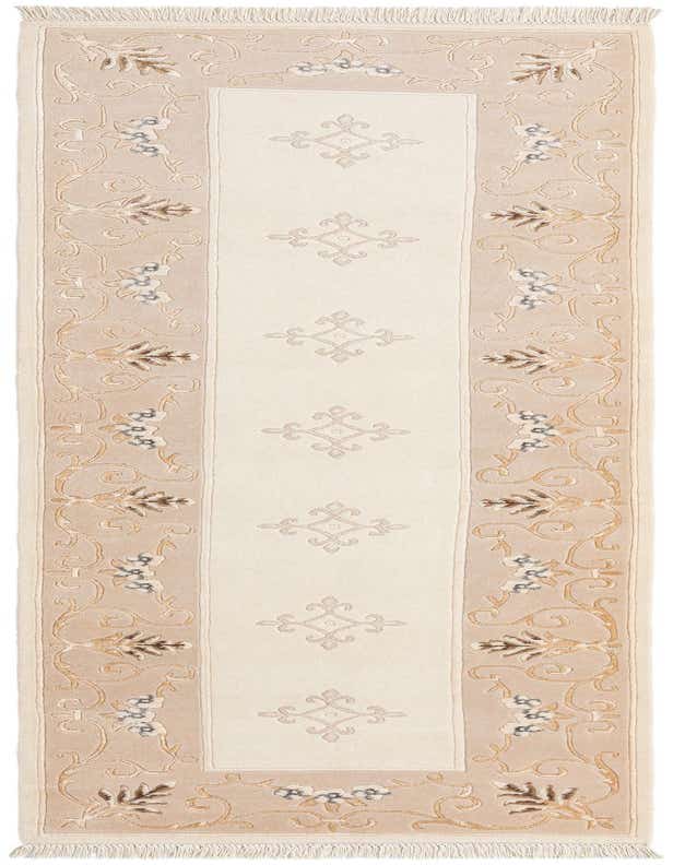 A 10 ft Darya runner rug in brown and ivory with a modern oriental pattern, featuring a high pile and fringe.