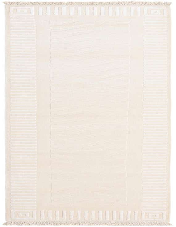 A 10 ft Darya runner rug in brown and ivory with a modern wavy pattern and geometric border, featuring fringe.