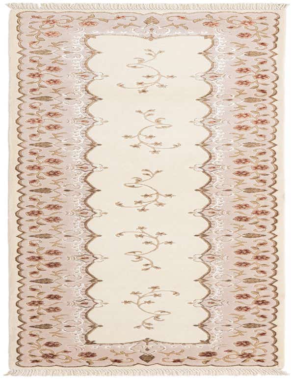 A 10 ft Darya runner rug in ivory and brown with an elegant floral and vine pattern, perfect for a hallway.