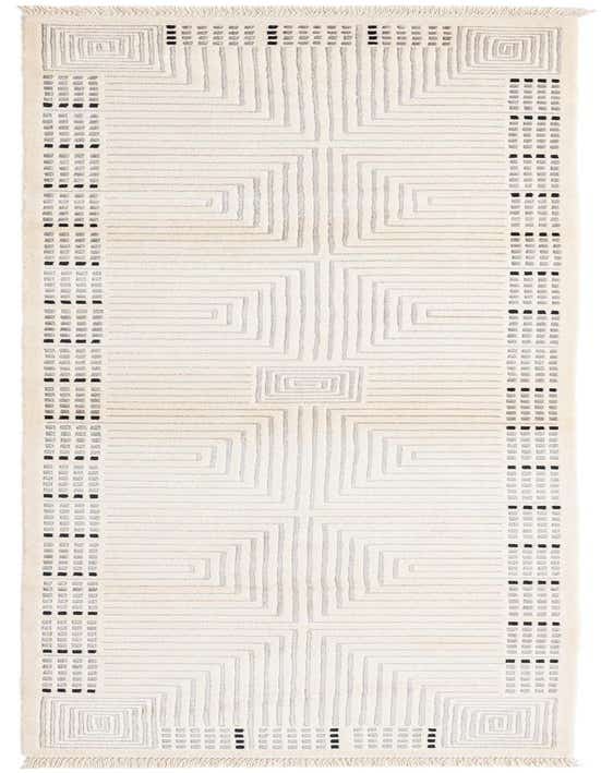 A 10 ft Darya runner rug in ivory and light brown with a modern geometric pattern and fringe.