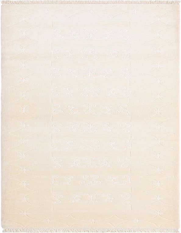 A 10 ft Darya runner rug in shades of cream and tan, featuring a modern oriental pattern with intricate scrollwork and geometric designs, perfect for a hallway.