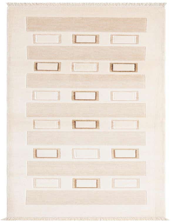 A Darya 10 Ft Runner rug in brown and ivory, featuring a modern geometric pattern with rectangular shapes and horizontal stripes.