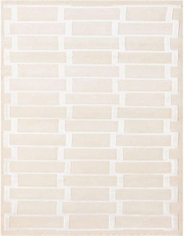 A 10 ft runner rug in shades of brown and ivory, featuring a modern geometric brick-like pattern, ideal for a hallway.